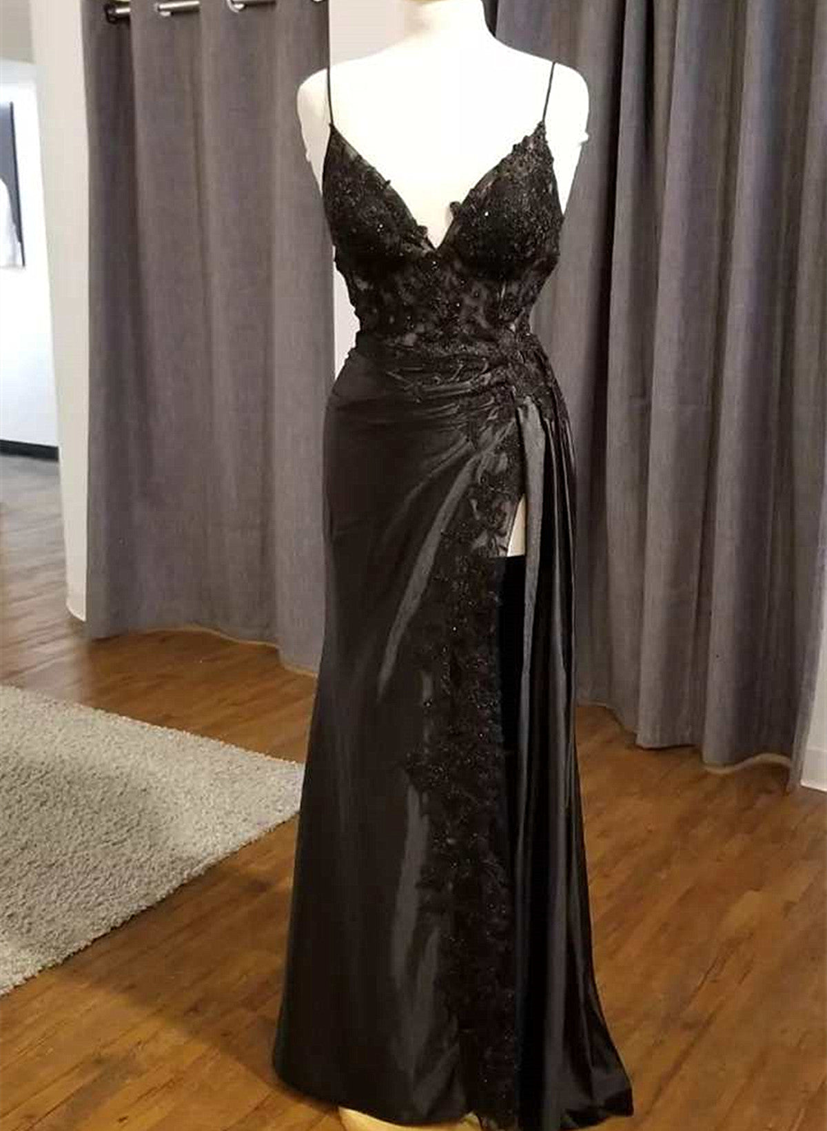 Black V-Neckline Straps Tulle With Lace Party Dress, A-Line Black Evening Dress Prom Dress