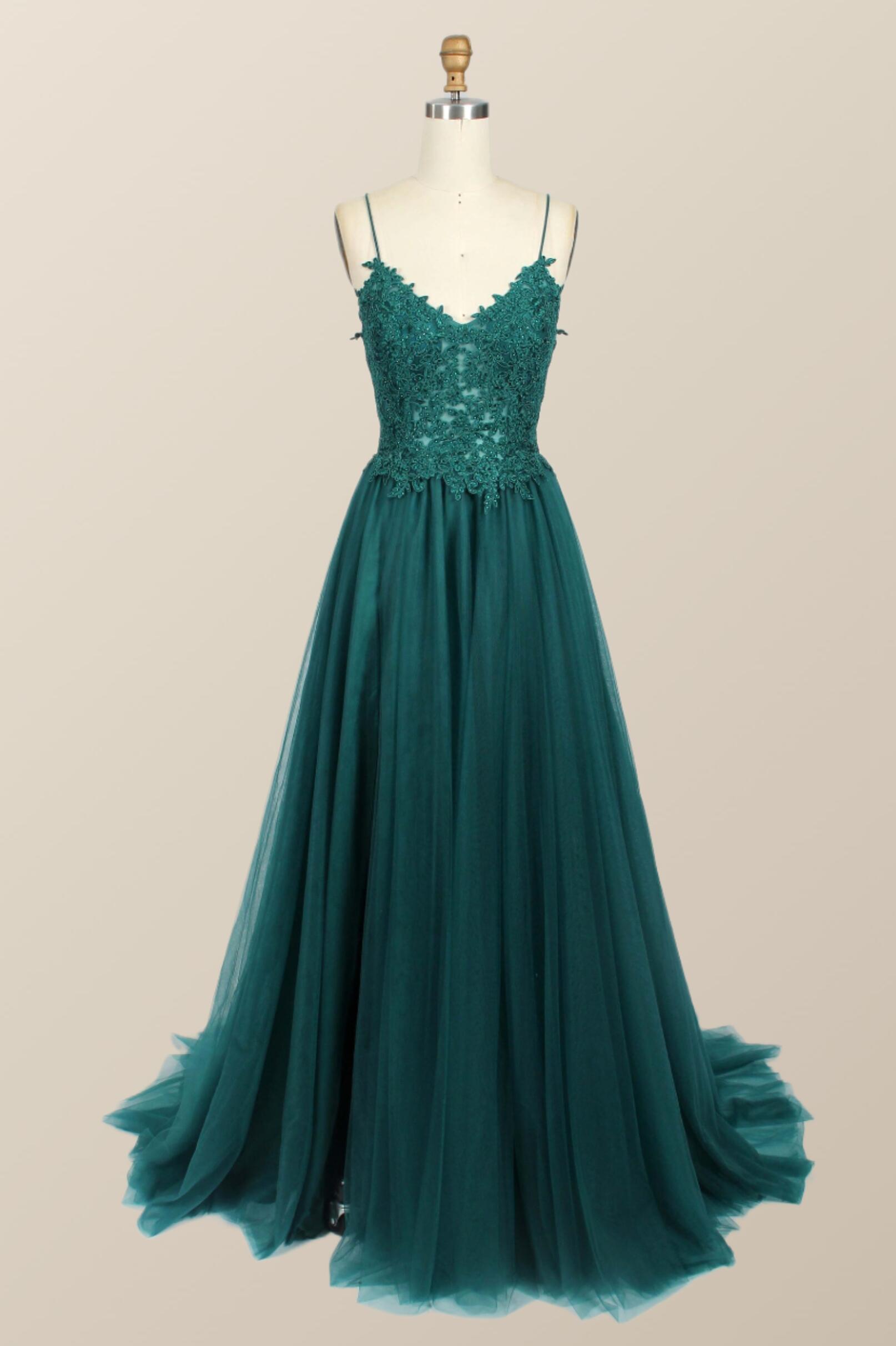 Straps Green Appliques Tulle Long Formal Dress