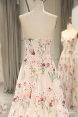 Ivory Flower Tulle Sweetheart Long A-Line Prom Dress with Embroidery