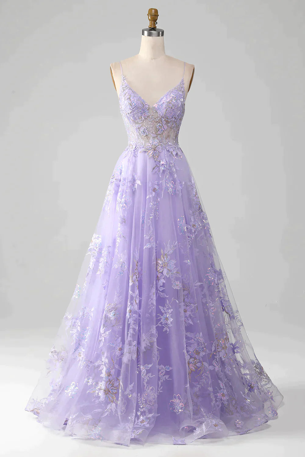 Romantic Purple A Line Spaghetti Straps Long Tulle Prom Dress With Appliques