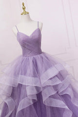 Purple Tulle Long Prom Dress, A-Line Spaghetti Strap Evening Gown