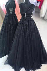 Black Sparkly V-neck For Mal Prom Dresses Pretty Princess Dresses For Teens