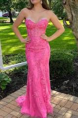 Mermaid Sweetheart Hot Pink Lace Appliques Prom Dresses