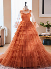 Unique High Neck Tulle Long Prom Dresses, Orange Formal Evening Dresses