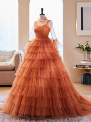 Unique High Neck Tulle Long Prom Dresses, Orange Formal Evening Dresses