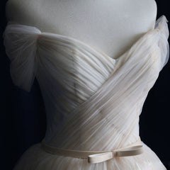 Elegant V Neck Off-shoulder Tulle Pleat Sweep Train Wedding Dresses