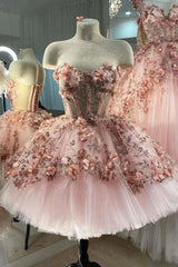 Prinzessin funkelnd Schatz Prom Kleider mit 3D -Blumen, rosa Quinceanera -Kleider