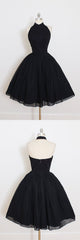 Black Halter Short Sleeve Homecoming Dress, A Line Open Back Short Prom Dresses
