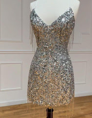 Silver V-Neck Glitter Sequin Homecoming Dress With Tassel
