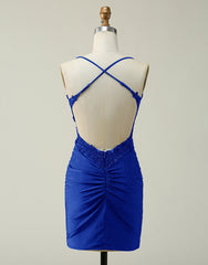 Royal Blue Lace Top Spaghetti Straps Body Homecoming Dress