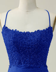 Royal Blue Lace Top Spaghetti Straps Body Homecoming Dress