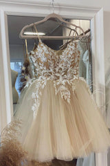 Beige Spaghetti Straps Homecoming Dress With Appliques