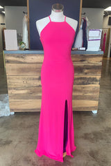 Sheath Halter Hot Pink Long Prom Dress with Silt