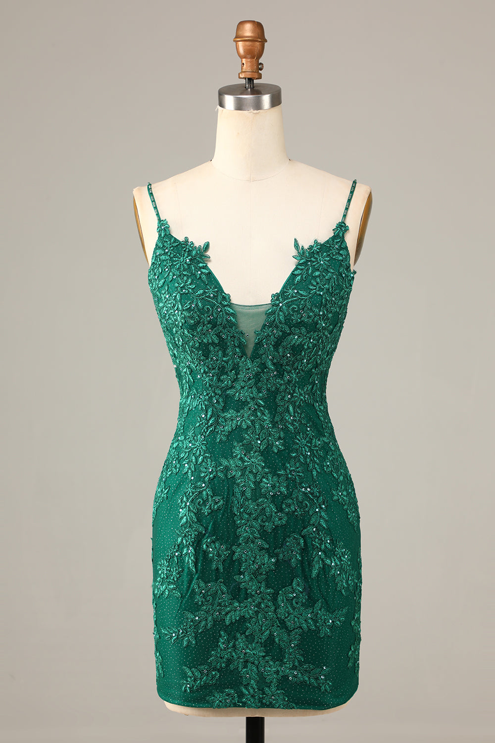 Prom Dress Silk, Sheath Spaghetti Straps Dark Green Short Homecoming Dress with Appliques