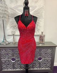 Elegant V-Neck Cross Back Glitter Homecoming Dress