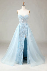 Luxurious Glitter Light Blue Long Corset Prom Dress With Sweep Train