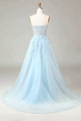 Luxurious Glitter Light Blue Long Corset Prom Dress With Sweep Train