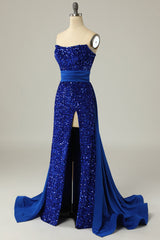 A Line Strapless Royal Blue Sequins Long Prom Dress with Split Front
