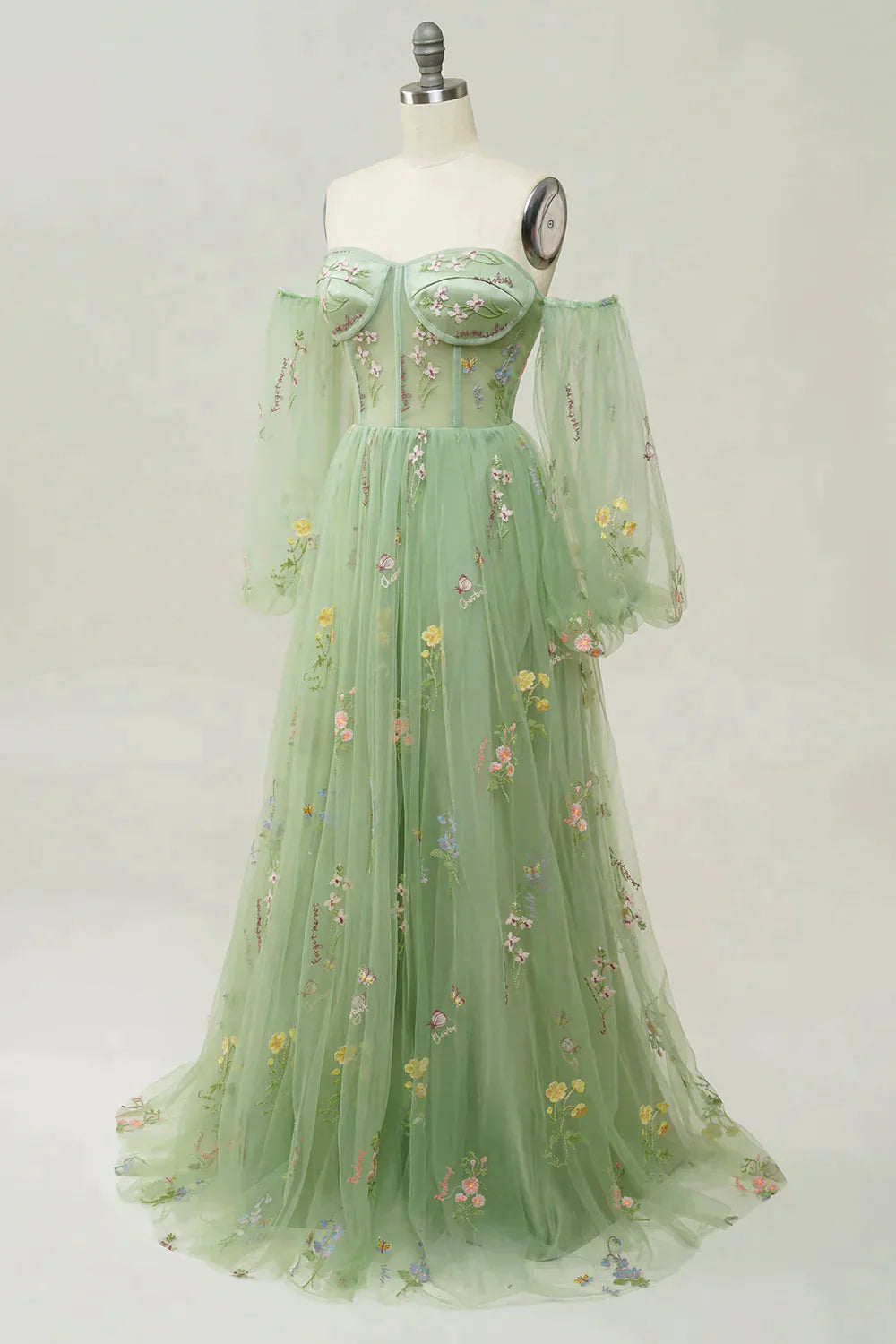 Green Off The Shoulder Long  Sleeves A-Line Prom Dress With Embroidery