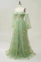 Green Off The Shoulder Long  Sleeves A-Line Prom Dress With Embroidery