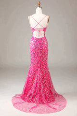 Sparkly Fuchsia Mermaid Spaghetti Straps Long Beaded Prom Dress With Slit