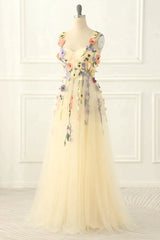 A Line Champagne Spaghetti Straps Long Tulle Prom Dress With Embroidery