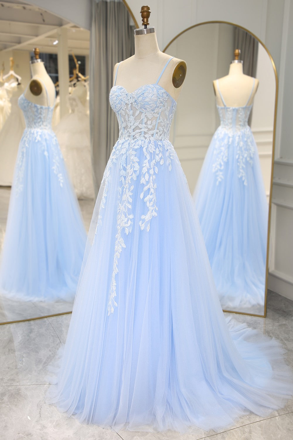 Sky Blue Spaghetti Straps Long Mermaid Prom Dress With Appliques
