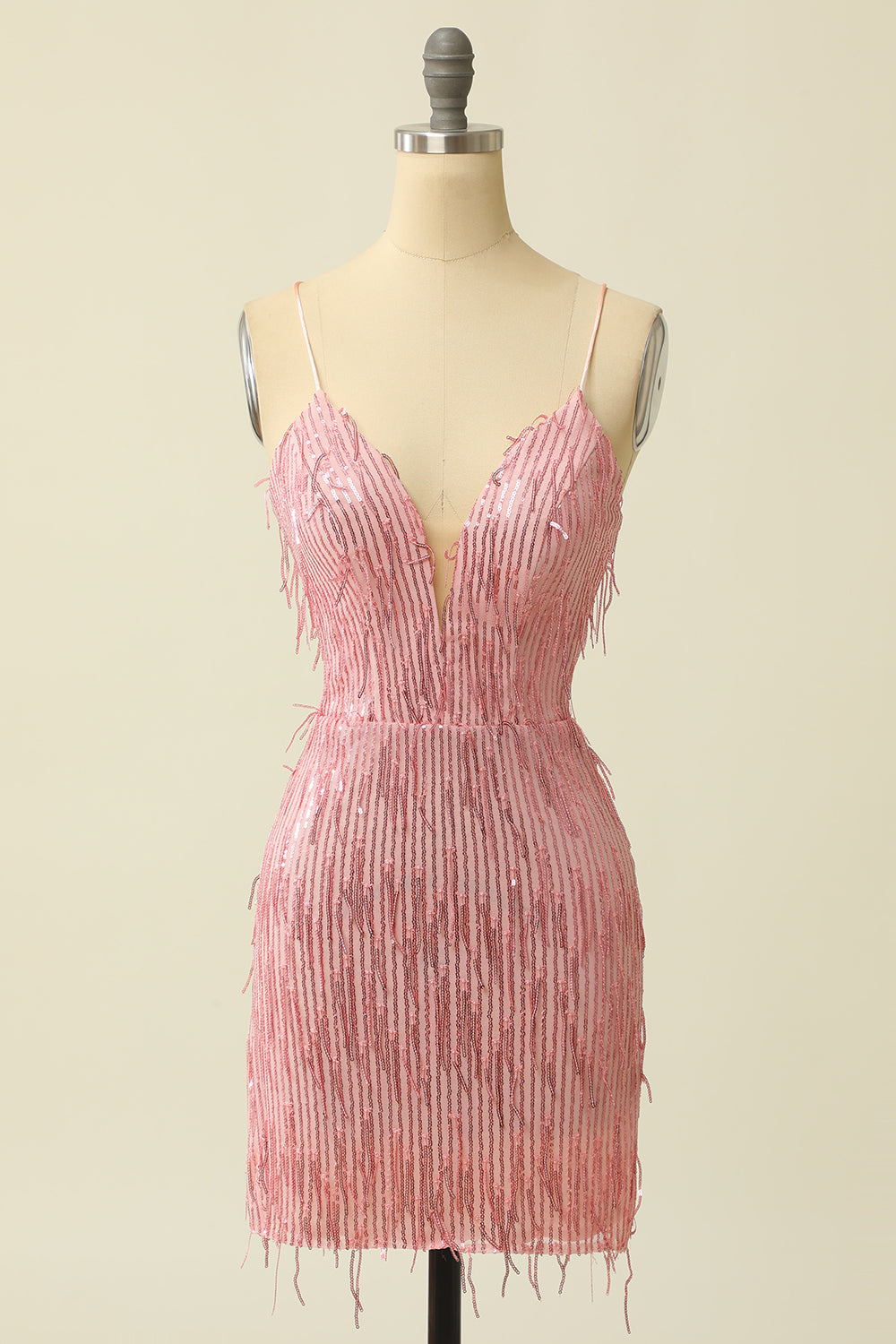Pink Spaghetti Straps Bodycon Homecoming Dress With Feathers
