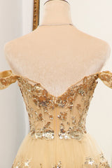 Luxurious Gold A-Line Off The Shoulder Long Tiered Prom Dress with Sequin