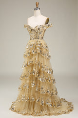 Sparkly Gold Off The Shoulder A-Line Prom Dress with Sequin And Split
