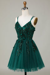 Prom Dress Long With Slit, Stylish A Line Spaghetti Straps Dark Green Short Homecoming Dress with Appliques Beading
