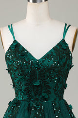Prom Dress Pink, Stylish A Line Spaghetti Straps Dark Green Short Homecoming Dress with Appliques Beading