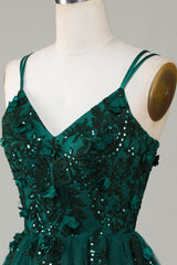 Prom Dresses Bodycon, Stylish A Line Spaghetti Straps Dark Green Short Homecoming Dress with Appliques Beading