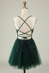 Prom Dress Near Me, A Line Spaghetti Straps Dark Green Short Homecoming Dress with Appliques