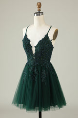 Prom Dresses Near Me, A Line Spaghetti Straps Dark Green Short Homecoming Dress with Appliques