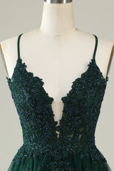 Prom Dress Boutiques Near Me, A Line Spaghetti Straps Dark Green Short Homecoming Dress with Appliques