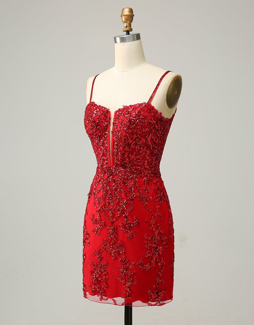 Red Sheath Corset Back Short Sequin Homecoming Dress
