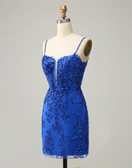 Royal Blue Short Homecoming Dress With Beading And Sequin