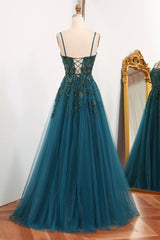 Glitter Dark Green A-Line Tulle Long Appliqued Prom Dress With Slit