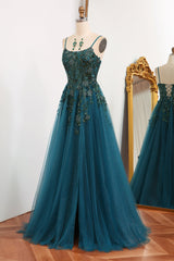 Glitter Dark Green A-Line Tulle Long Appliqued Prom Dress With Slit