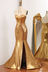 Sparkly Golden Mermaid Sweetheart Zipper Back Long Prom Dress With Slit