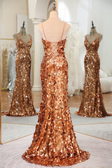 Luxurious Sparkly Rose Golden Mermaid Long Sequin Prom Dress With Split