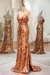 Luxurious Sparkly Rose Golden Mermaid Long Sequin Prom Dress With Split