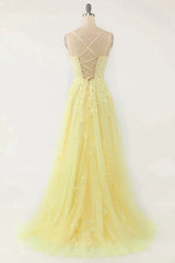 A-Line Double Straps Lace Up Long Prom Dress With Appliques