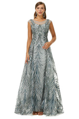 A-line Cap Sleeve Jewel Appliques Lace Floor-length Prom Dresses