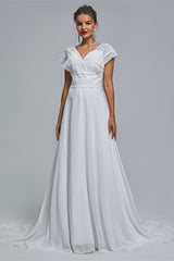 A-Line Chiffon V-Neck Applique Floor-Length Wedding Dresses