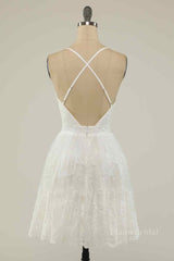 A-line Deep V Neck Crossed Back Embroidery Mini Homecoming Dress