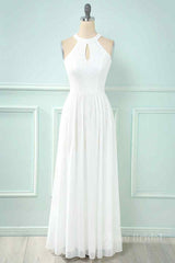 A-line Halter Lace Cut-Out Chiffon Long Bridesmaid Dress