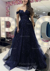A Line Off The Shoulder Regular Straps Long Floor Length Tulle Prom Dress With Appliqued Glitter