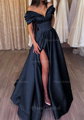 A Line Off The Shoulder Short Sleeve Satin Long Floor Length Prom Dress With Ruffles Split